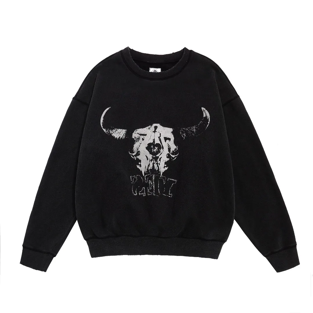 saint michael American devil print retro washed and distressed loose round neck pullover plus velvet long-sleeved sweatshirt Fabric: 420g Style number: SM619 Size: S-M-L-XL Color: Black Price: P198